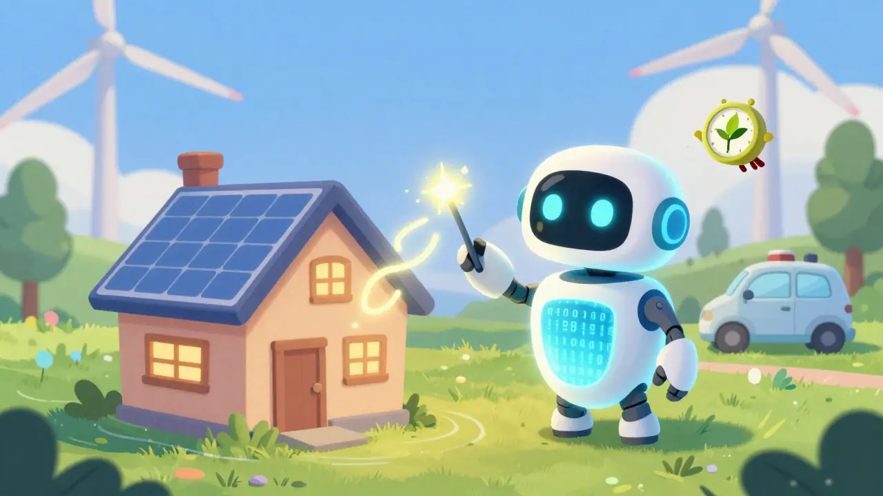 A friendly robot smart contract matches solar power with a battery, sending energy with a glowing wand.