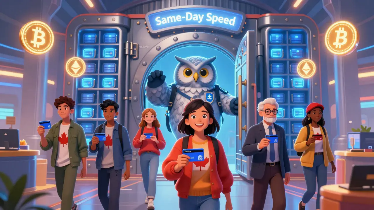 A guardian owl protects crypto vaults as diverse Canadians step through a portal labeled 'Same-Day Speed'.