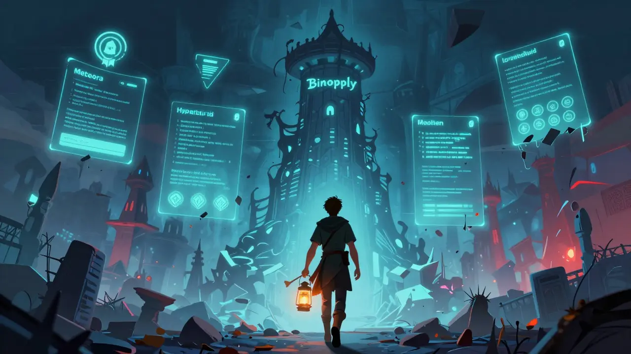 A hero walks away from a ghostly Binopoly tower toward glowing, legitimate crypto projects.