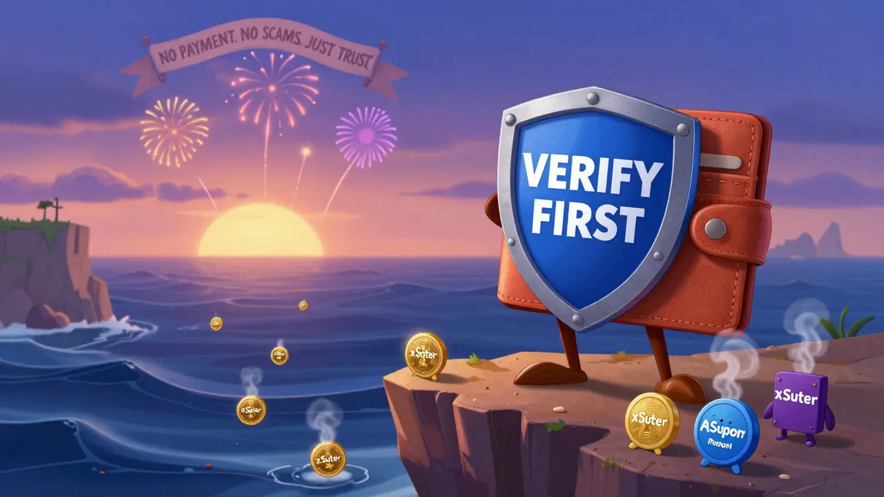 A heroic wallet standing on a cliff as fake tokens vanish, while real airdrops shine in the distance in Disney animation style.