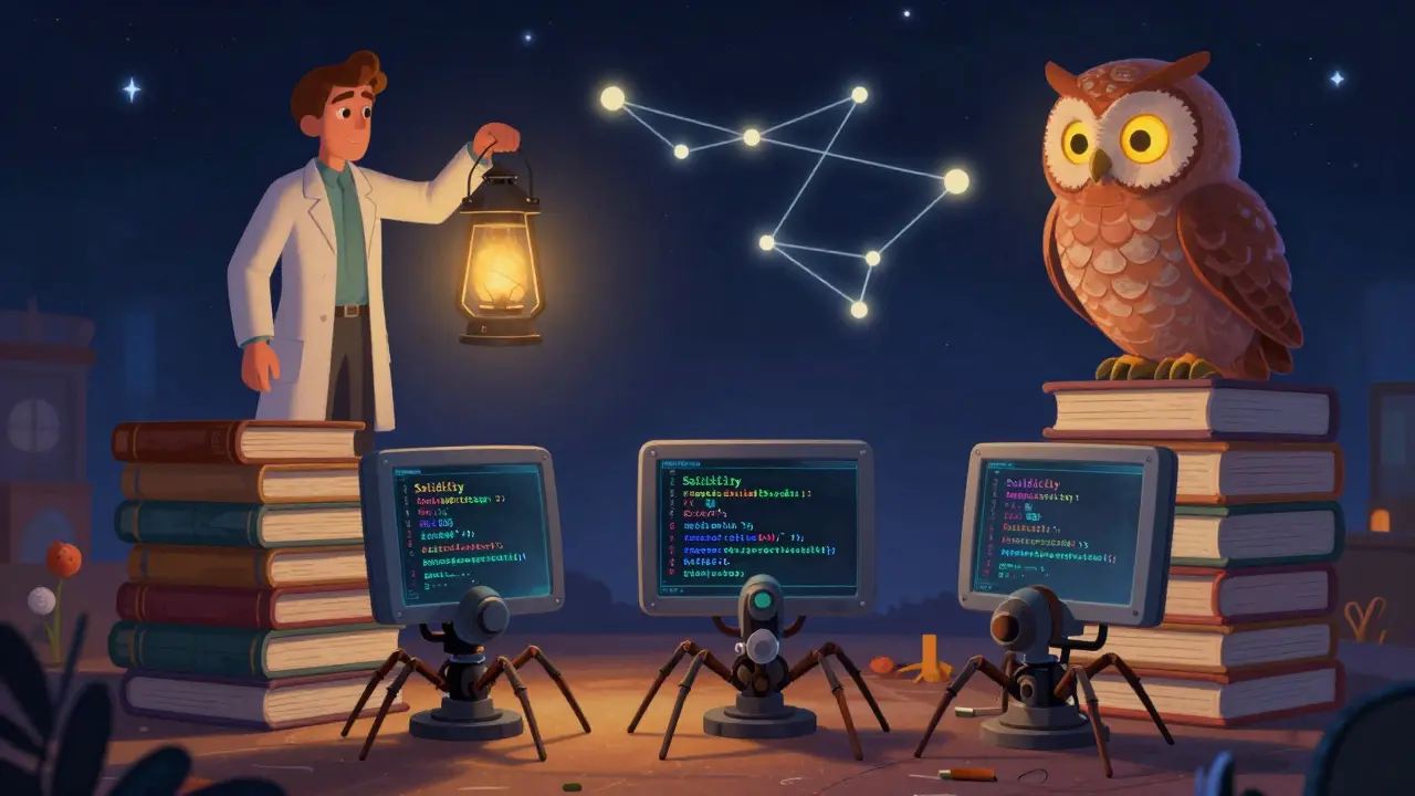 A human auditor with a lantern, automated scanners, and an AI owl watching transaction flows in a magical code landscape.