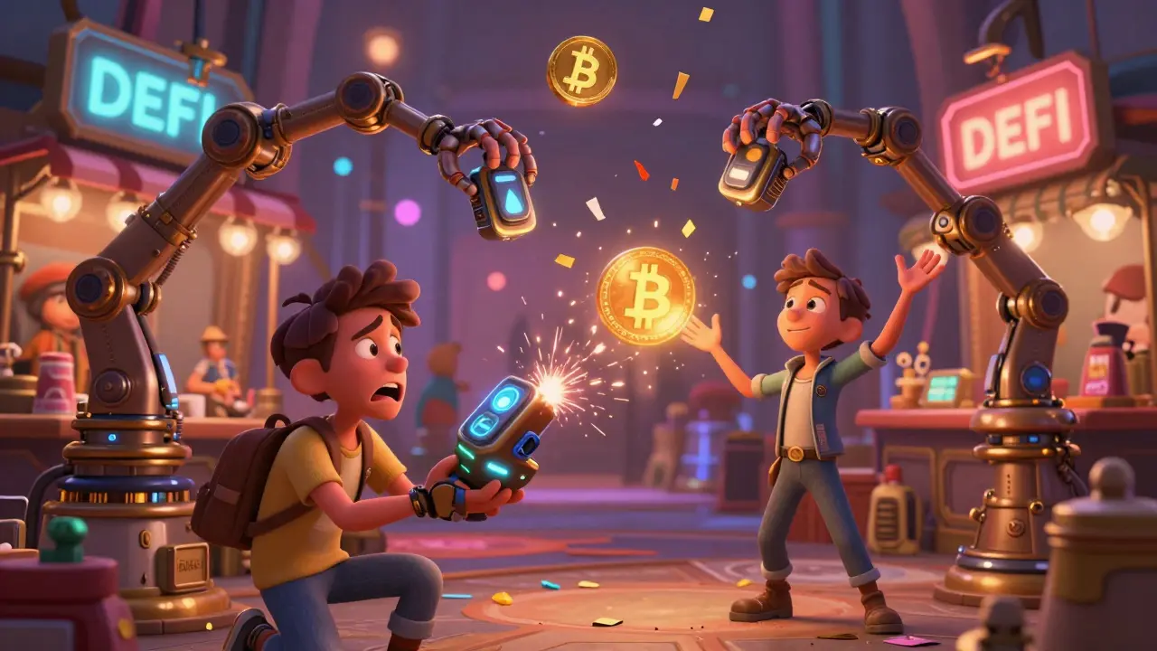 A lively DeFi marketplace with mechanical token-swapping arms and frustrated users in Disney animated style.