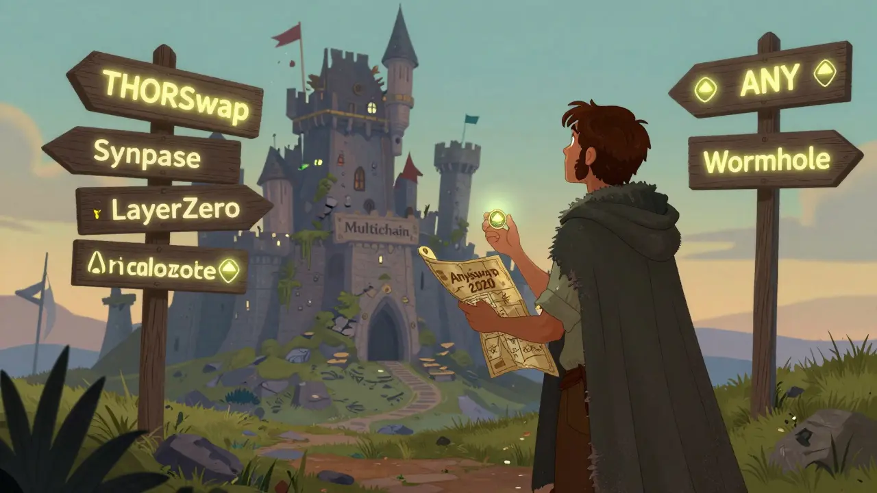 A lone traveler stands before a crumbling castle labeled Multichain, facing new safe paths to alternative protocols.