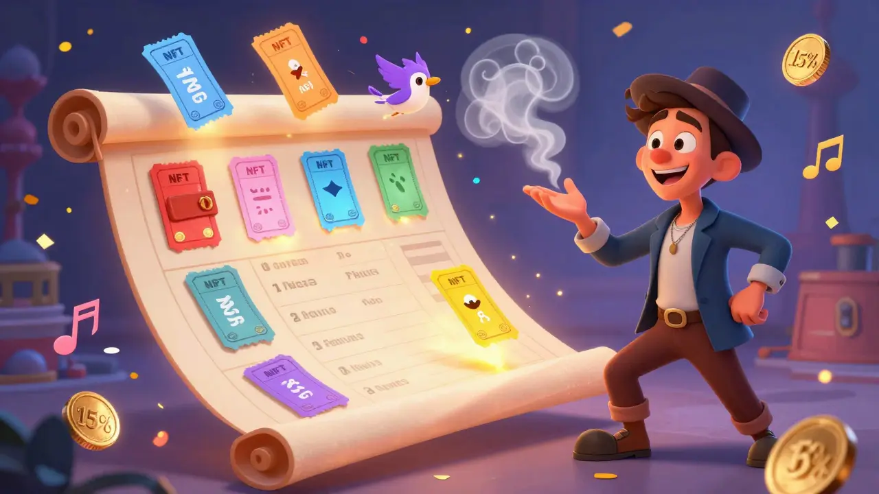 A magical blockchain scroll with NFT tickets flying away as a scalper vanishes in smoke, artist receives royalty coin.