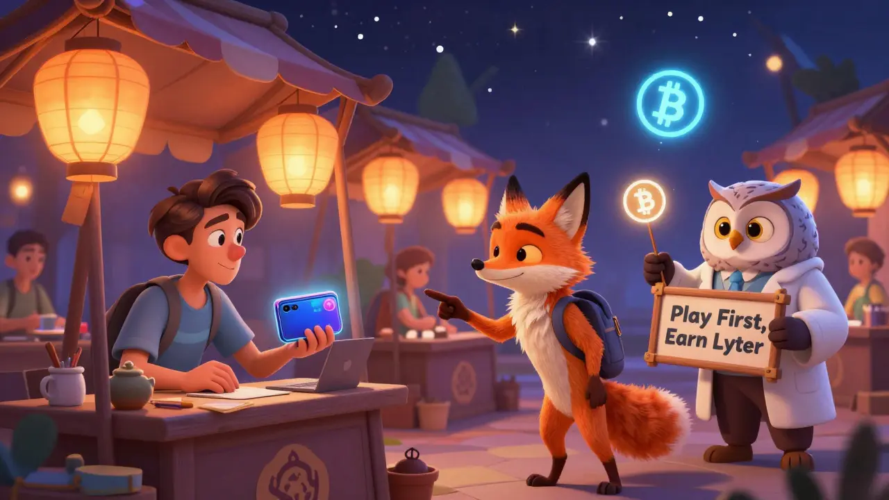 A magical marketplace where players trade NFTs, warned by a wise owl about scams.