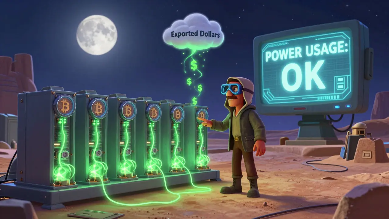 A miner in the desert stands beside glowing Bitcoin rigs as dollar signs rise to a cloud.