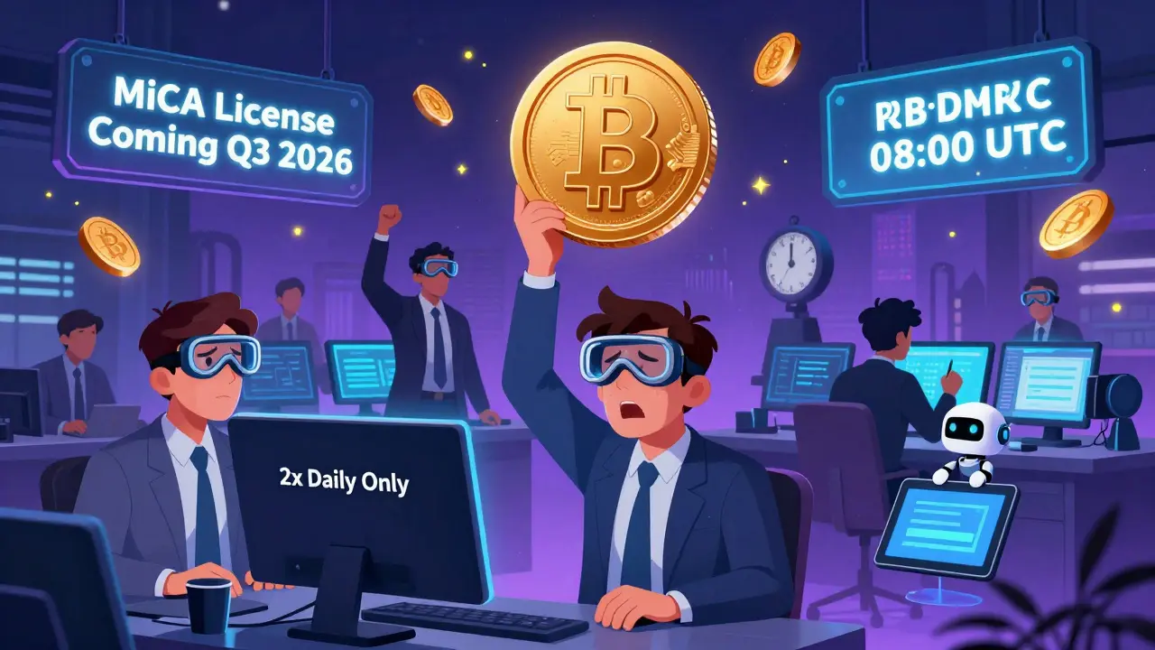 A nighttime trading floor with traders cheering as a Bitcoin rises above a clock showing 08:00 UTC, while a withdrawal queue glows in the background.