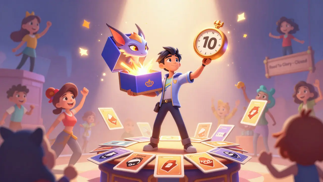 A player opens an NFT box releasing a magical Spirit, with a 10-day claim timer glowing in the background.