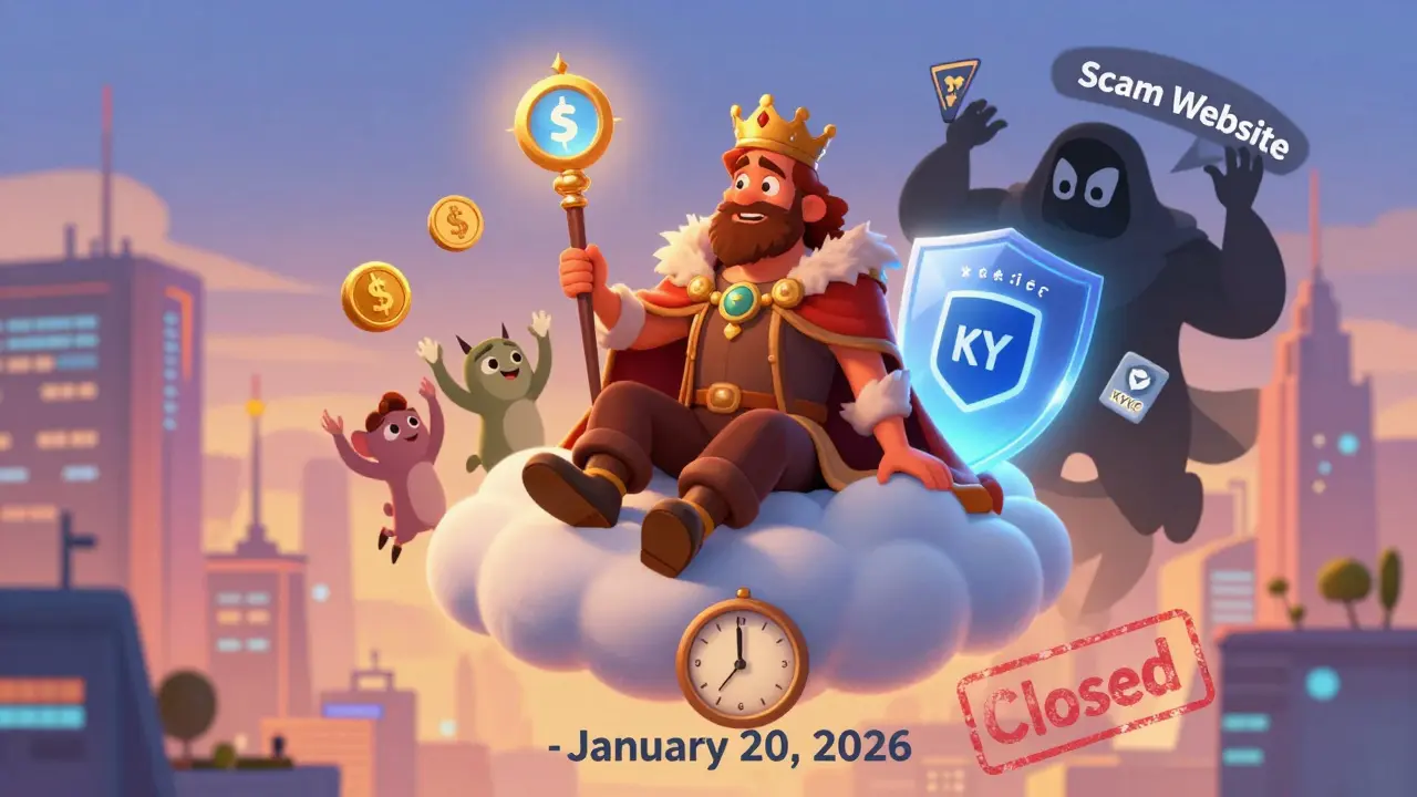 A proud NFT holder atop a digital city, guarded by KYC badges as a scammer is repelled.