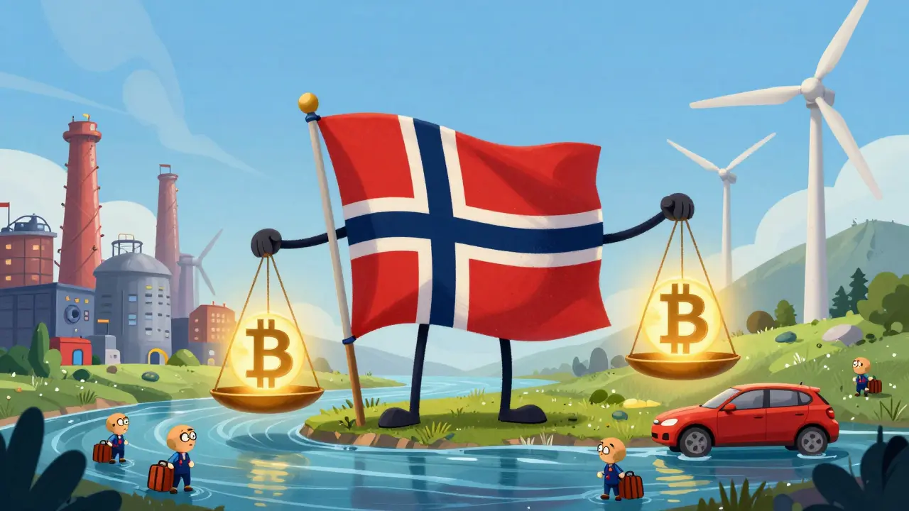 A river-and-turbine flag balances Bitcoin against green industries, with local growth winning in Disney illustration.