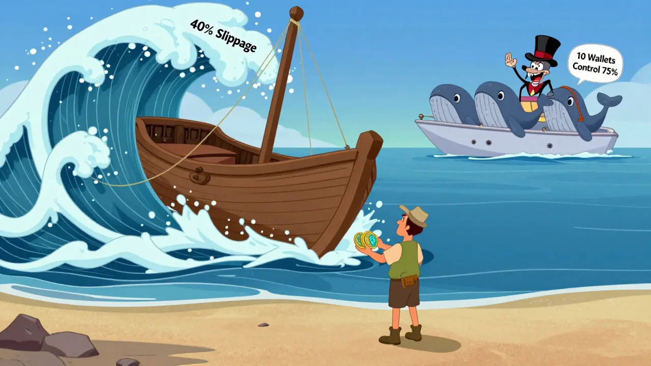 A trader's boat capsizing in a wave of slippage as whales laugh nearby on a yacht.