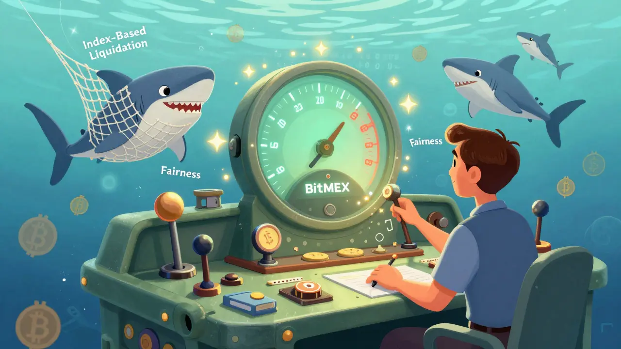 A trader at a mechanical console with a glowing liquidation gauge, surrounded by cartoon whales and sharks caught in a fairness net.