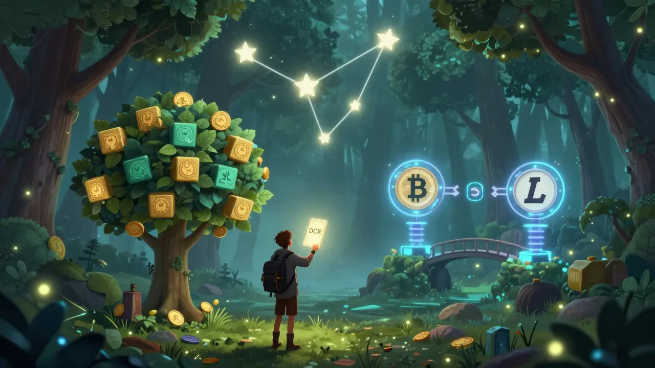 A traveler holds a DCR ticket in a blockchain forest as voting stars form above a bridge to other cryptocurrencies.