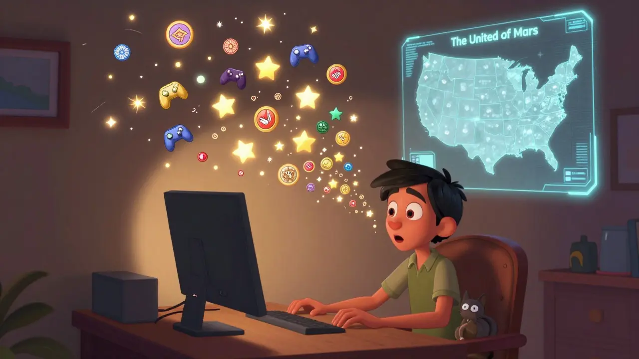 A user watches RACA tokens burst from their wallet into a starry constellation, with a Mars metaverse map glowing in the background.