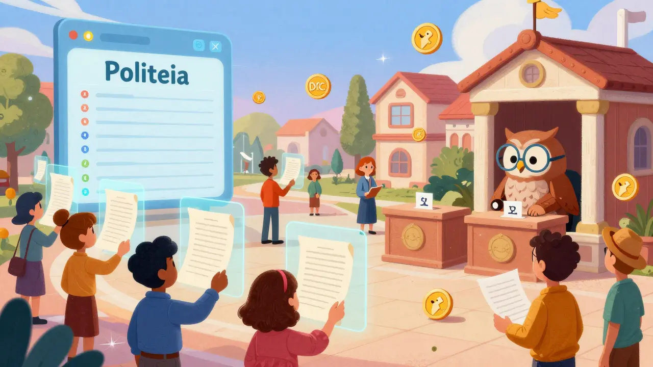 A vibrant digital town square where citizens vote on proposals using floating holograms and flying DCR coins.