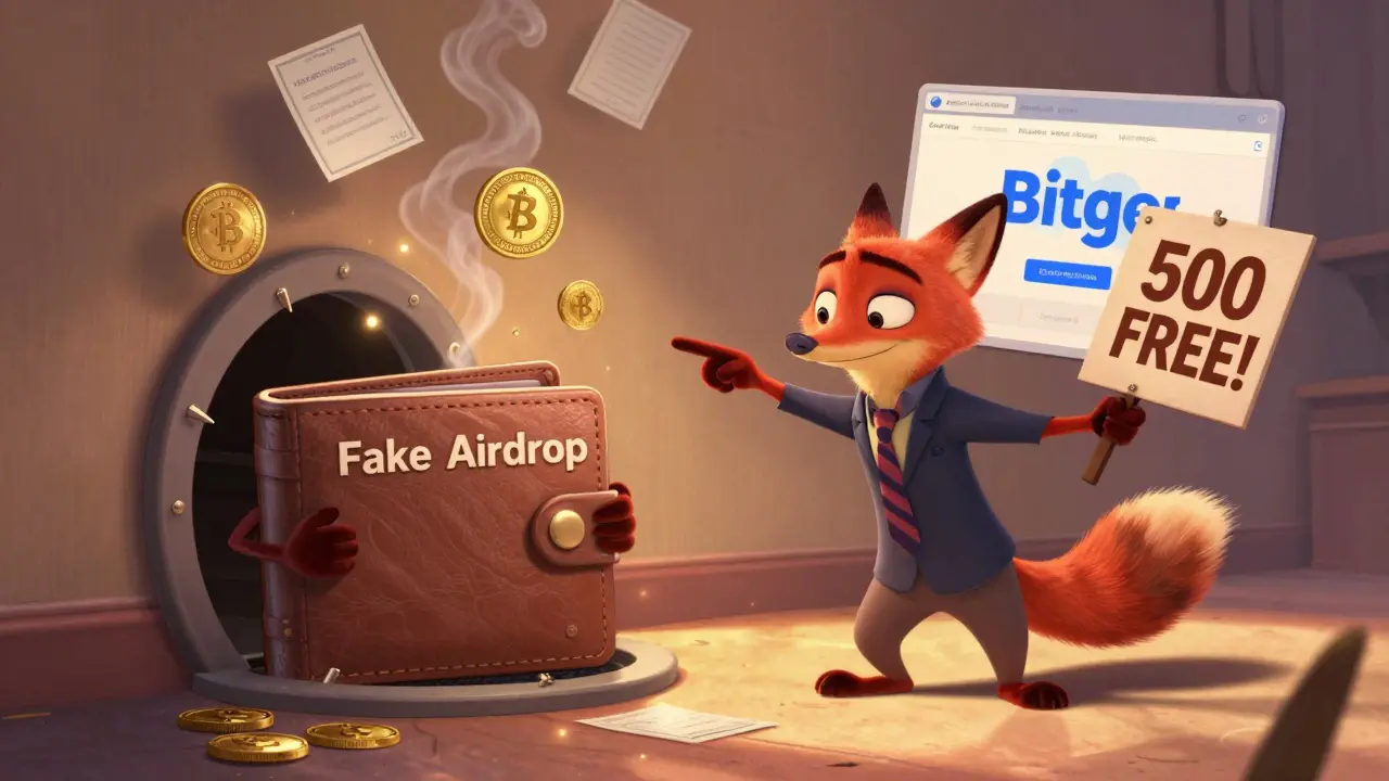 A wallet tries to escape a trap labeled 'Fake Airdrop' as a fox in a suit offers empty tokens.