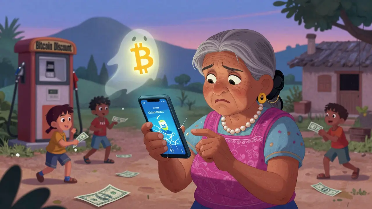 An elderly woman confused by a frozen Bitcoin app while others use cash in a rural village.