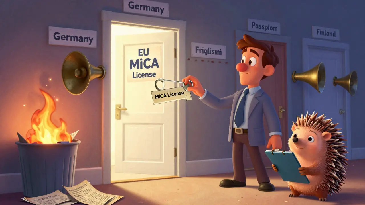 An entrepreneur unlocks EU-wide operating rights with a MiCA license key while old national registrations burn away.