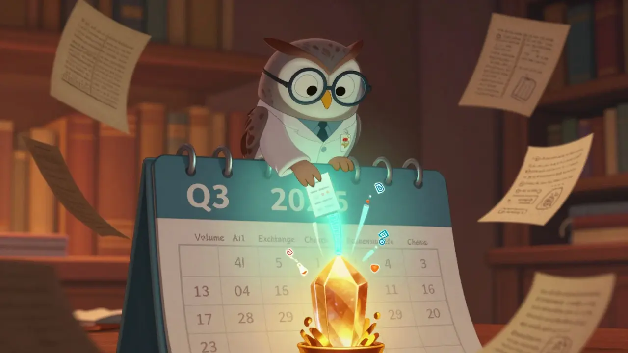 An owl in a lab coat checking exchange criteria on a quarterly calendar with glowing data streams flowing into a crystal.