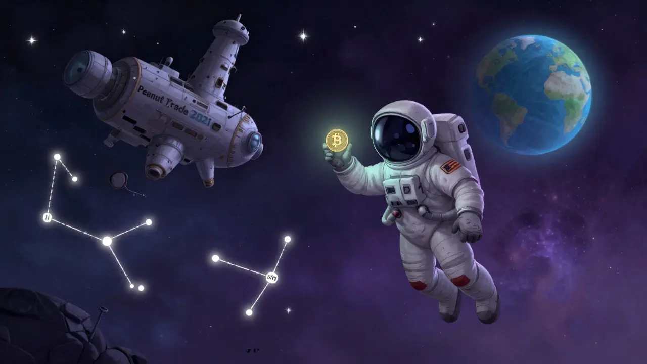 Astronaut floating alone with a faintly glowing NUX token in space