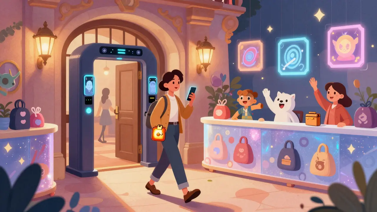 Attendee unlocking a VIP zone with facial recognition, surrounded by floating digital swag and NFT art.