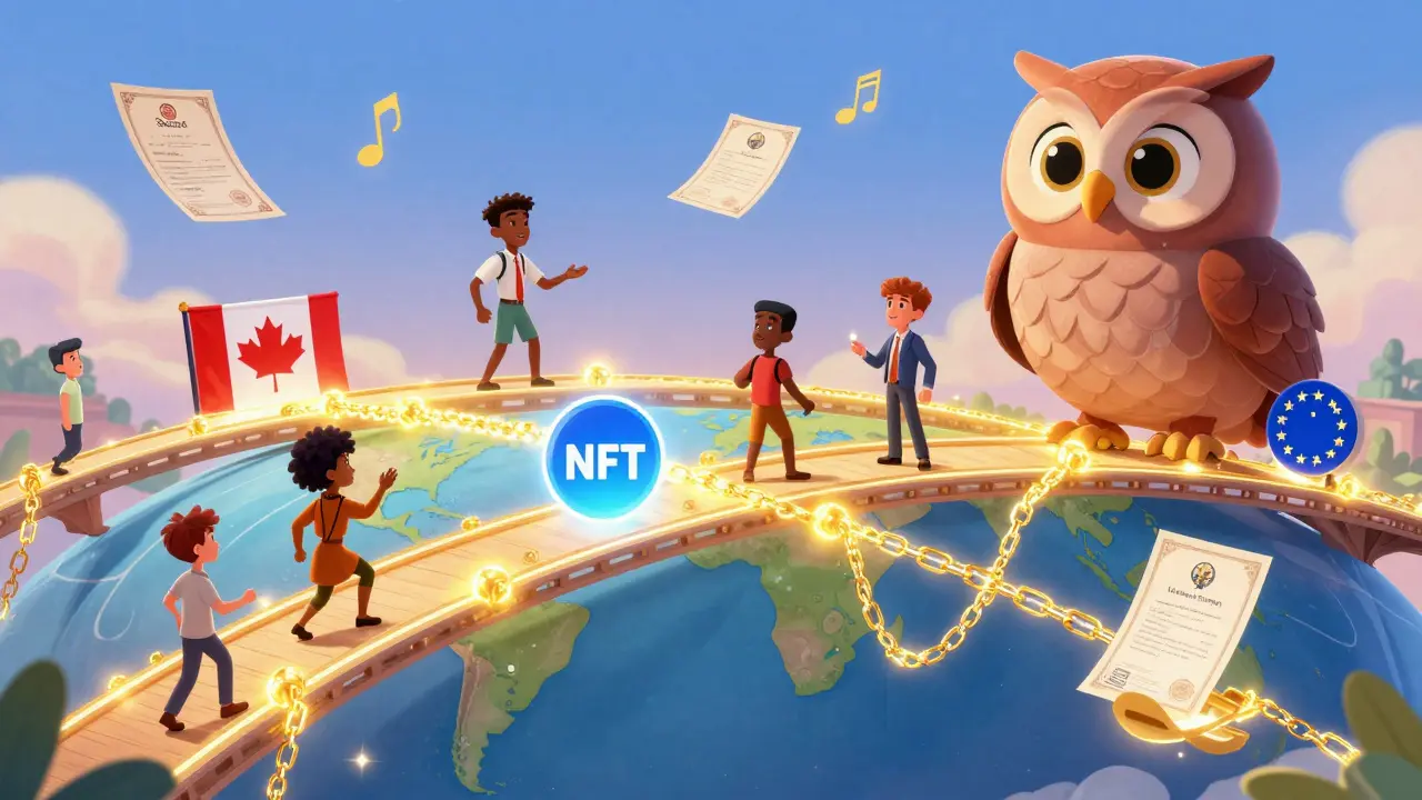 Global creators connected by golden blockchain bridges, exchanging IP with floating patents and music notes in the sky.