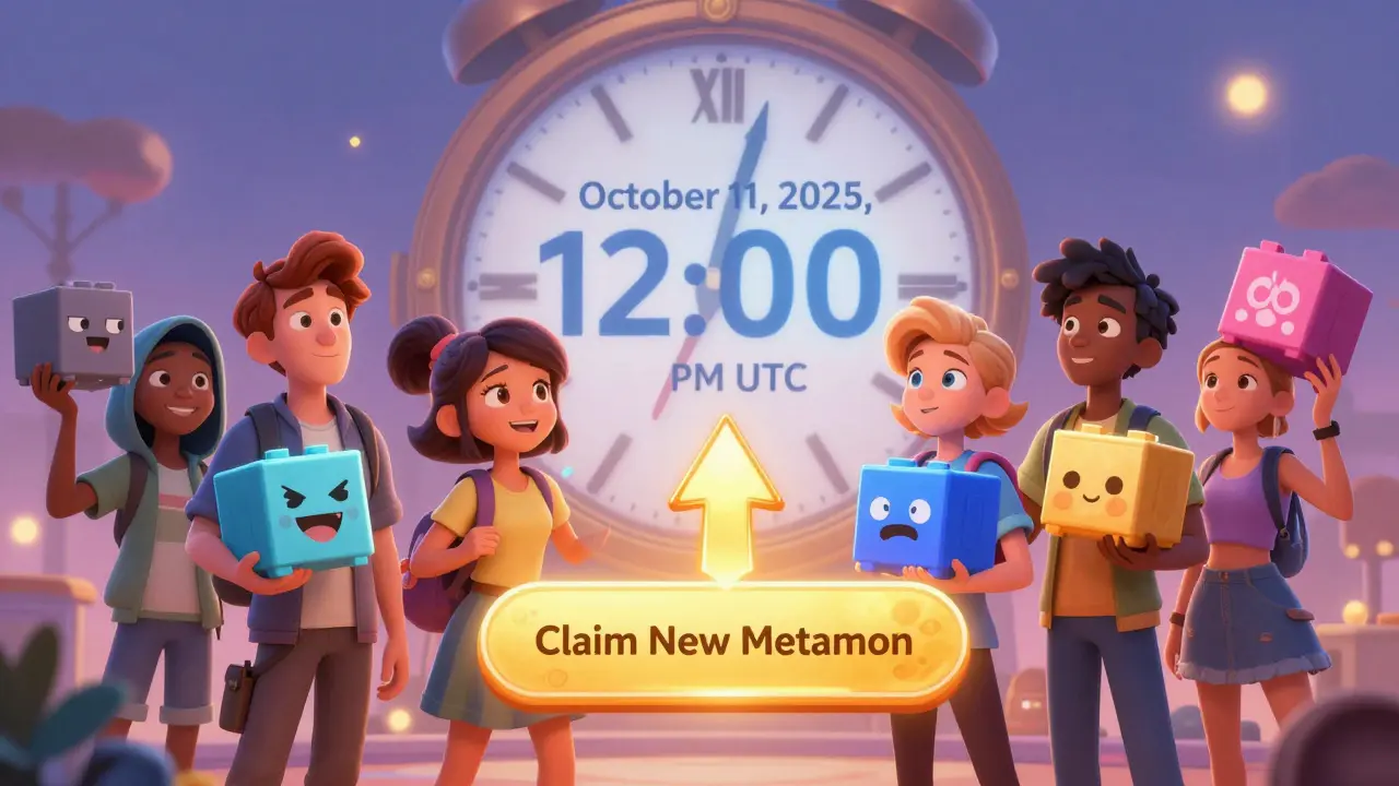 Group of diverse characters celebrating at a digital clock, holding NFTs as a golden claim button glows above them.