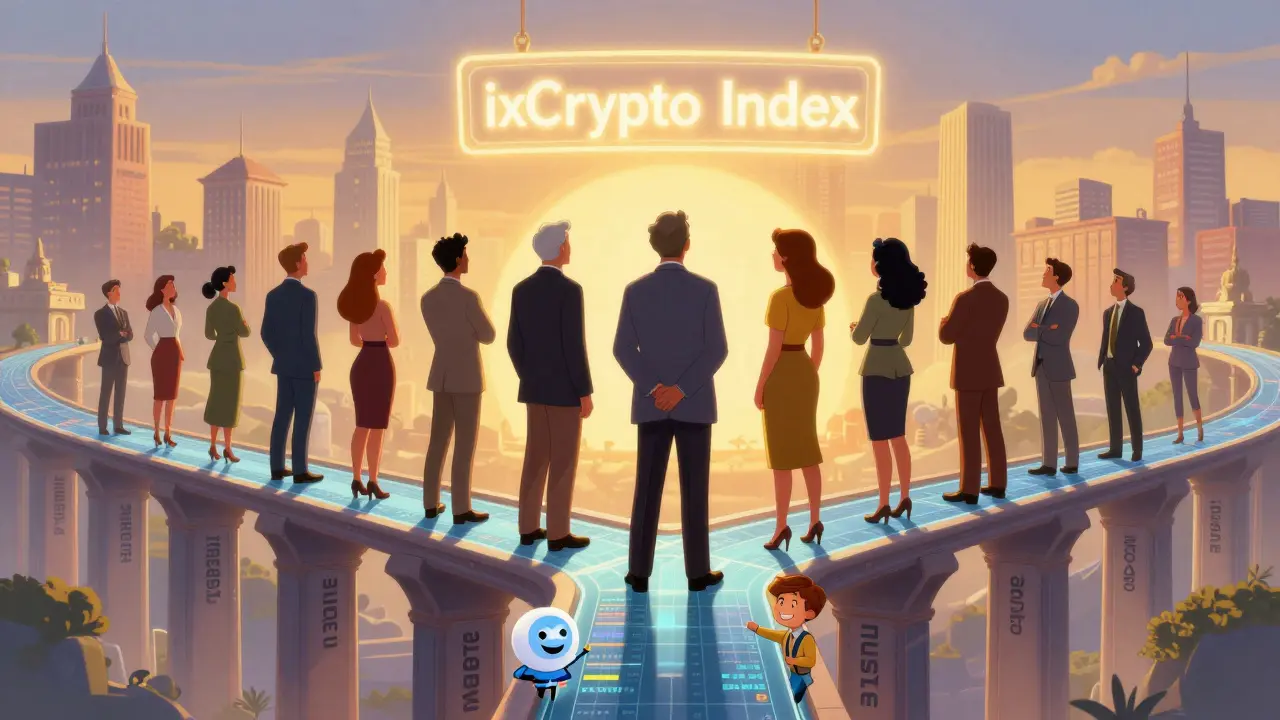 Institutional investors on a data bridge under a glowing ixCrypto Index sign, with a Telegram bot serving retail traders below.