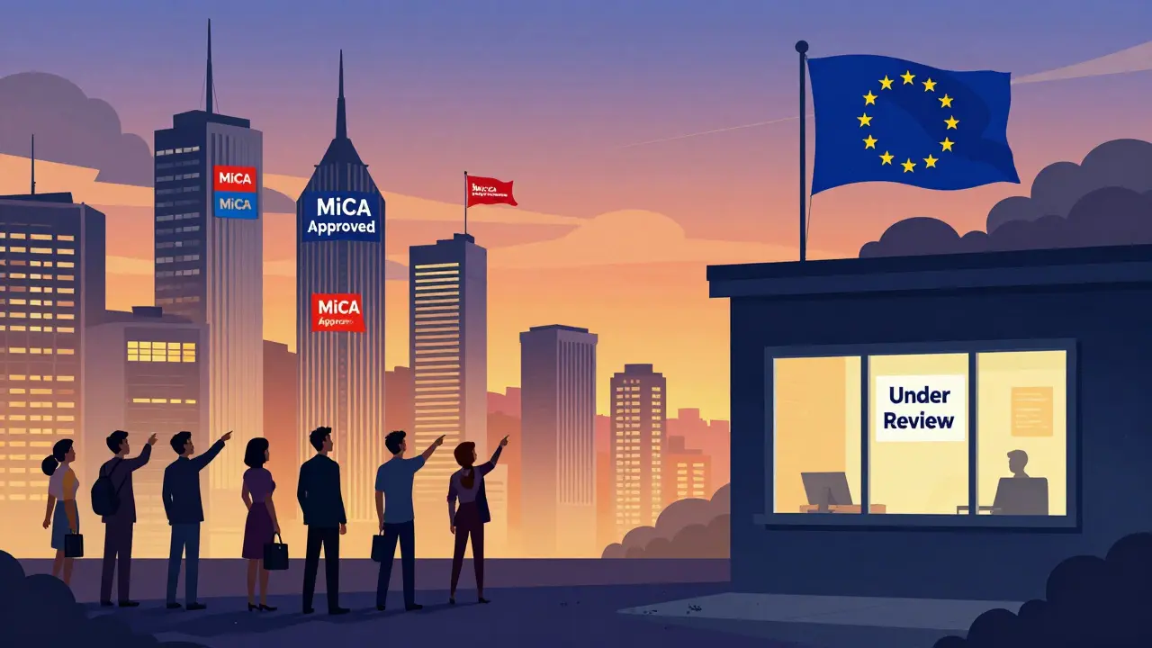 Licensed crypto firms shine brightly in a European city while an unlicensed business is left in shadow.