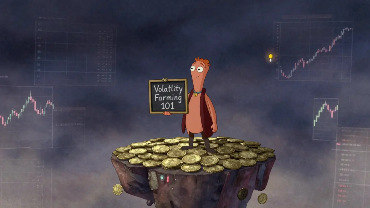 PEAGUY alone on a tiny coin island, surrounded by empty space and fading trading charts.