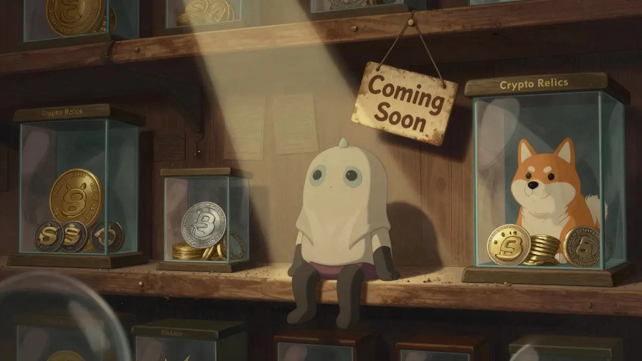 PEAGUY on a dusty shelf in a crypto museum, surrounded by extinct meme coins under a dim light.