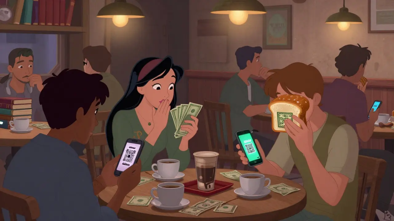 People in a Tehran coffee shop secretly trade cash for crypto using hidden QR codes.