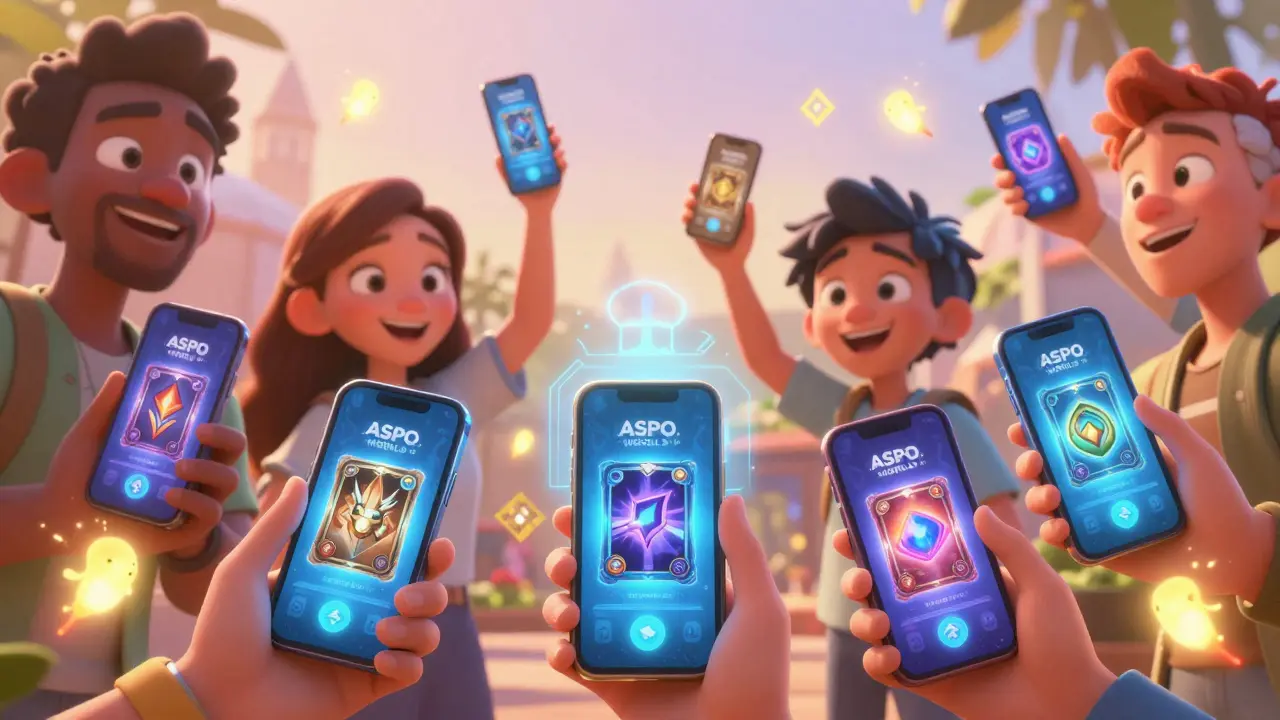 Players view holographic NFT boxes on their phones, surrounded by digital fireflies and blockchain icons.