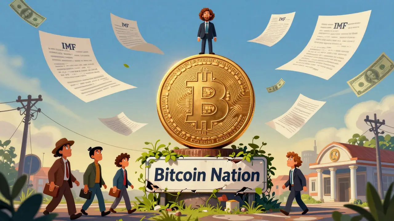 President Bukele on a Bitcoin trophy as IMF papers and dollar bills fall around him.