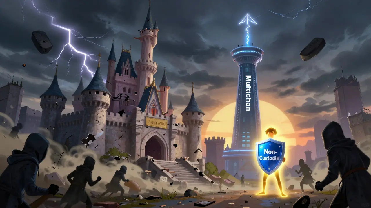 The crumbling Anyswap castle replaced by a rising Multichain tower, with hackers and a hopeful hero in Disney fantasy style.