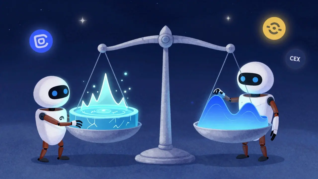 Two bots balancing chaotic and smooth crypto trading systems