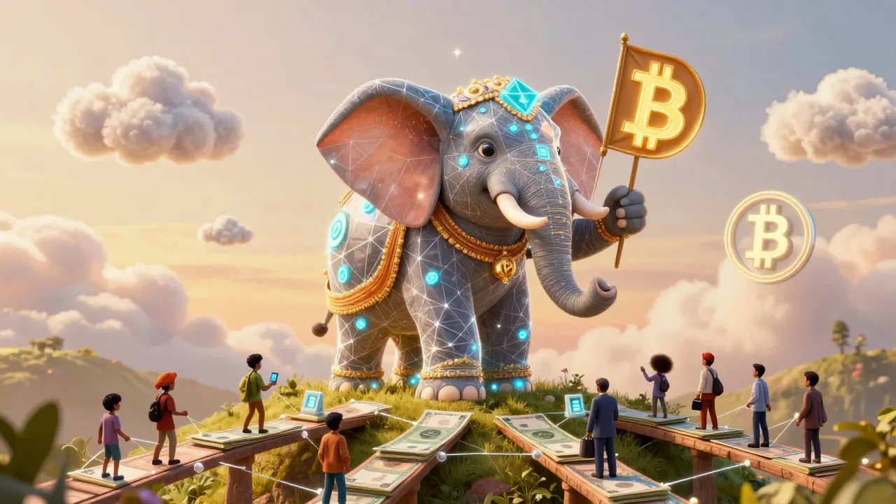 A blockchain elephant holds a Bitcoin flag as people build a bridge from rupees to digital wallets under golden light.