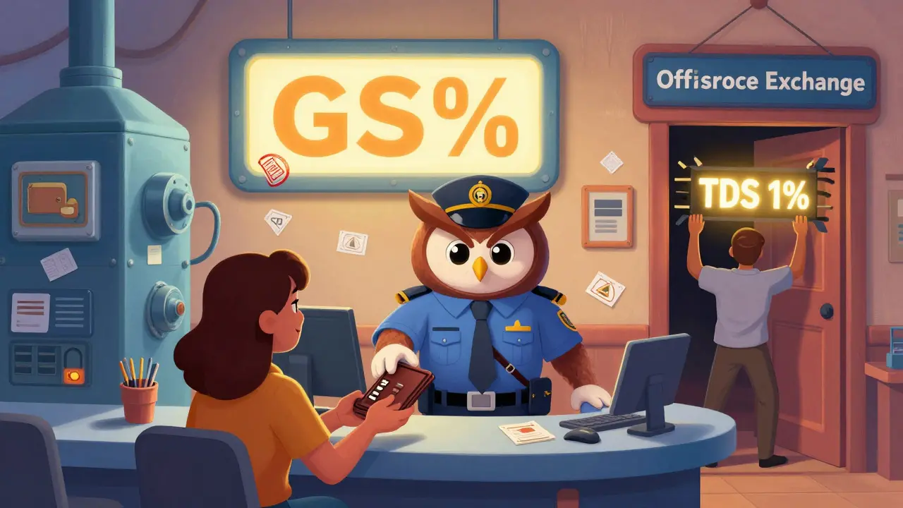 A bureaucratic owl charges GST on crypto services at a busy exchange counter, while a trader tries to escape via offshore route.