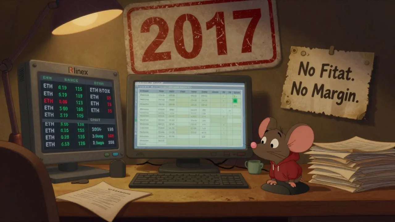 A cluttered, outdated trading desk with only ETH pairs visible, a curious mouse peeking from behind papers.