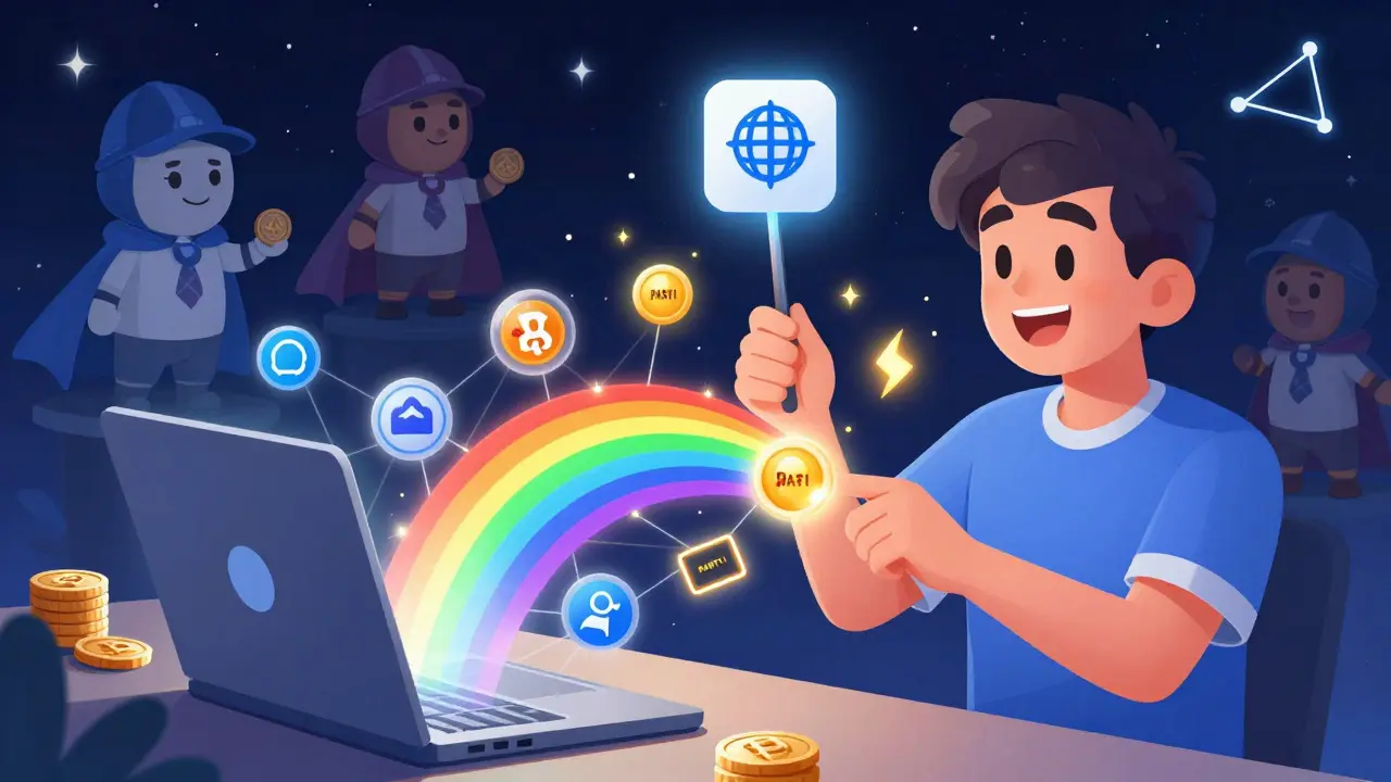 A developer connects blockchains with a Particle SDK, as PARTI tokens fly like fireflies and validators in capes stake tokens under a starry sky.