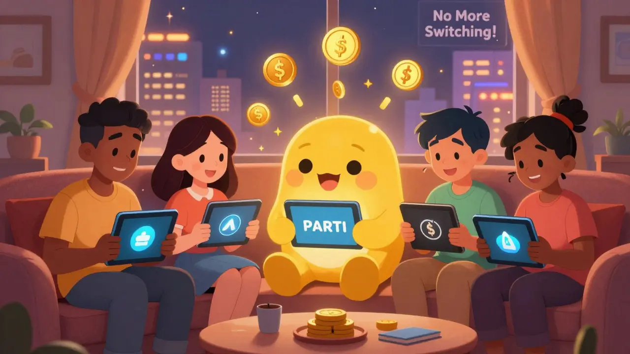 A family uses one login to access cross-chain apps, while a giant PARTI token absorbs gas fees in a cozy Disney-style living room.