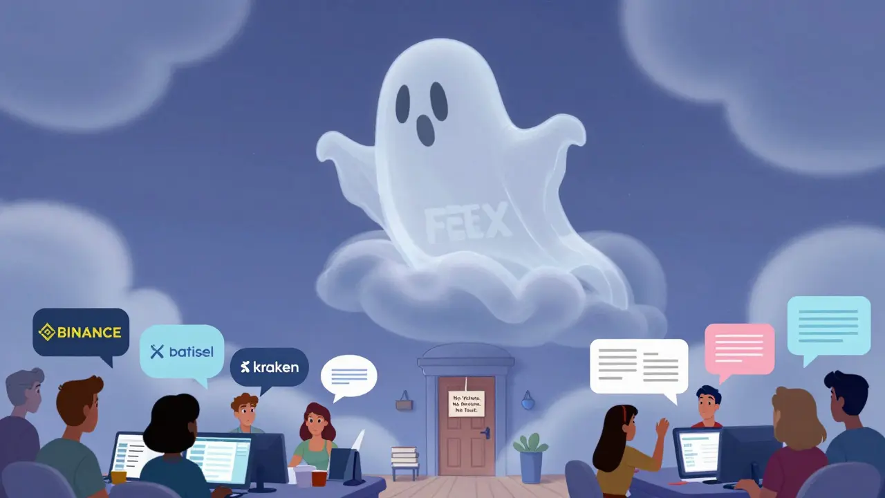 A ghostly FEX exchange floats silently above bustling, vibrant crypto platforms with transparent features.