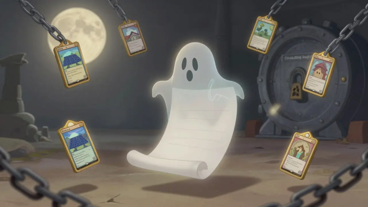A ghostly MTG token hovers over an empty whitepaper with broken chains, in Disney illustration style.