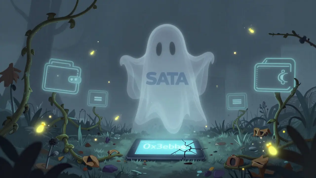 A ghostly SATA logo hovers over a silent digital garden with withered smart contracts and fading data fireflies.