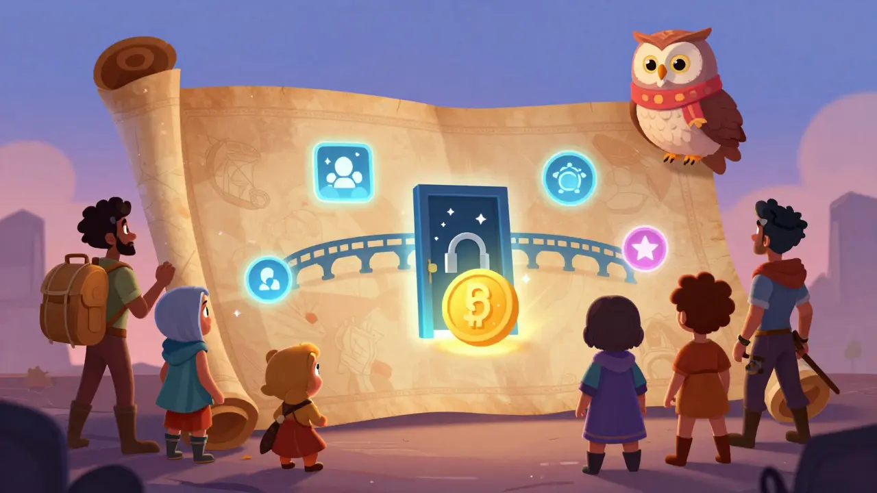 A group of digital adventurers gathered around a glowing scroll revealing staking and bridge icons under a wise owl's watch.