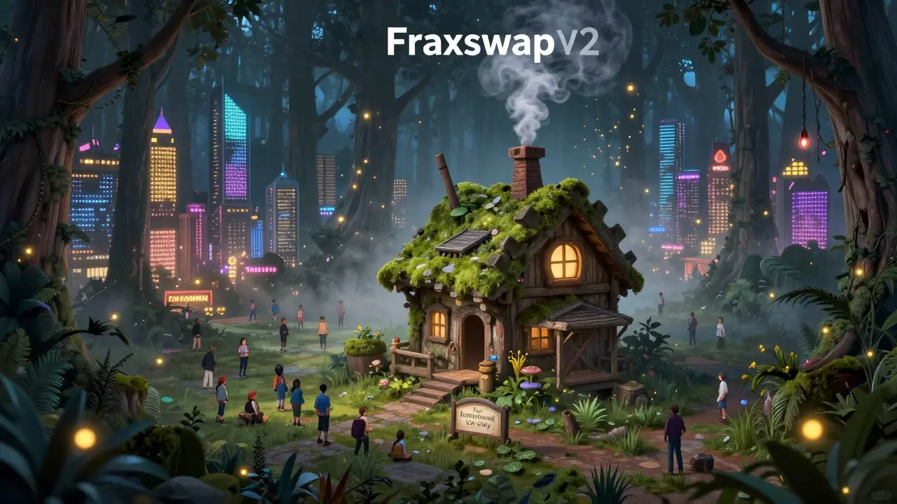 A hidden Fraxswap v2 cabin glows faintly among bustling DeFi cities on a blockchain map.