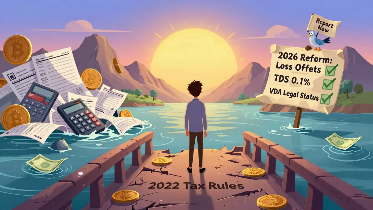 A lone investor walks toward reform signs on a crumbling tax bridge, with discarded crypto records sinking below.