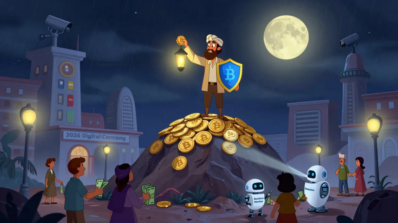 A lone trader holding a DAI coin as a light in the dark, standing above crypto coins while government monitors scan below.