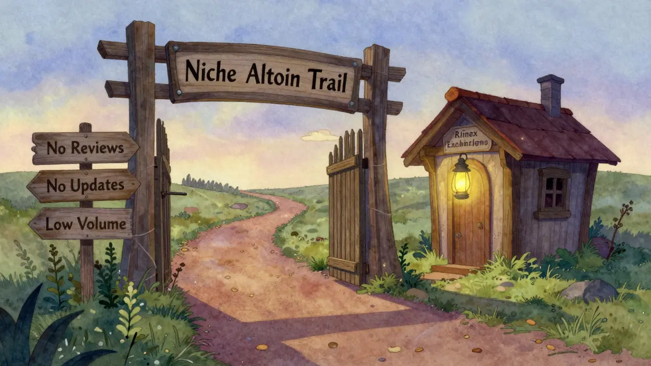 A lonely path leading to a small hut labeled Rfinex, surrounded by signs of neglect and isolation.