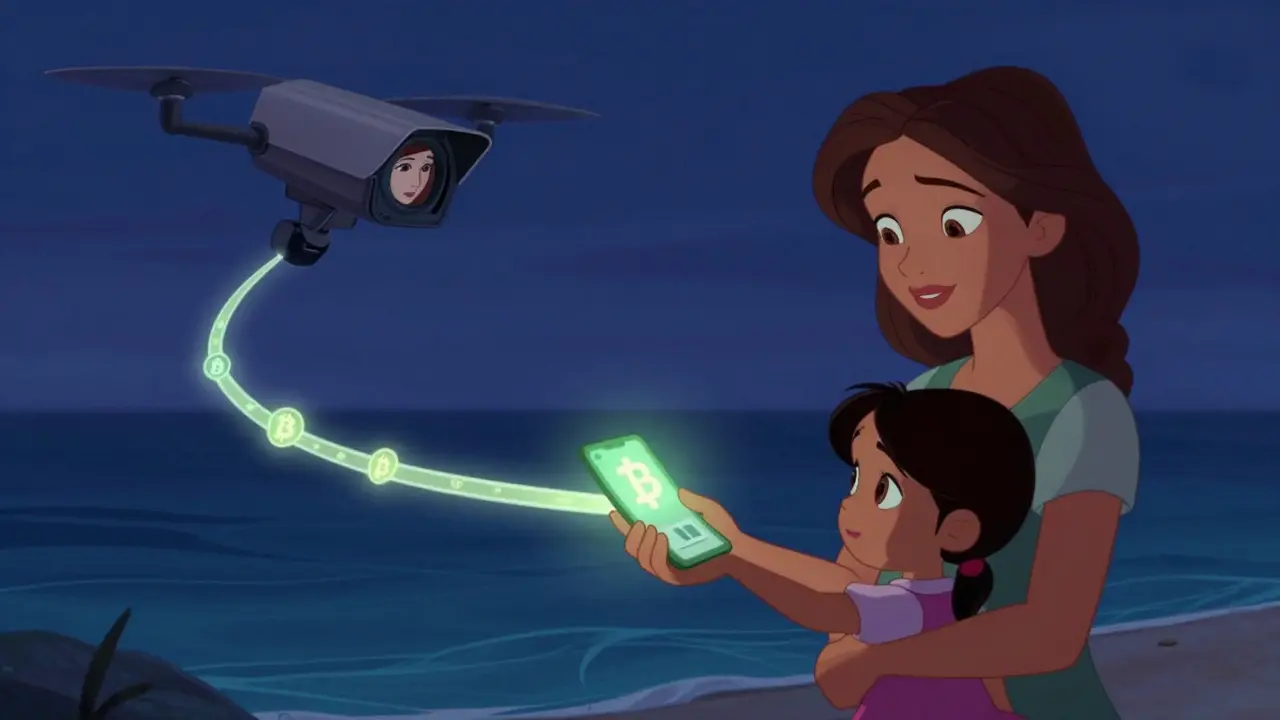 A mother sending USDT to her daughter abroad, while a surveillance drone looms, symbolizing quiet resistance.